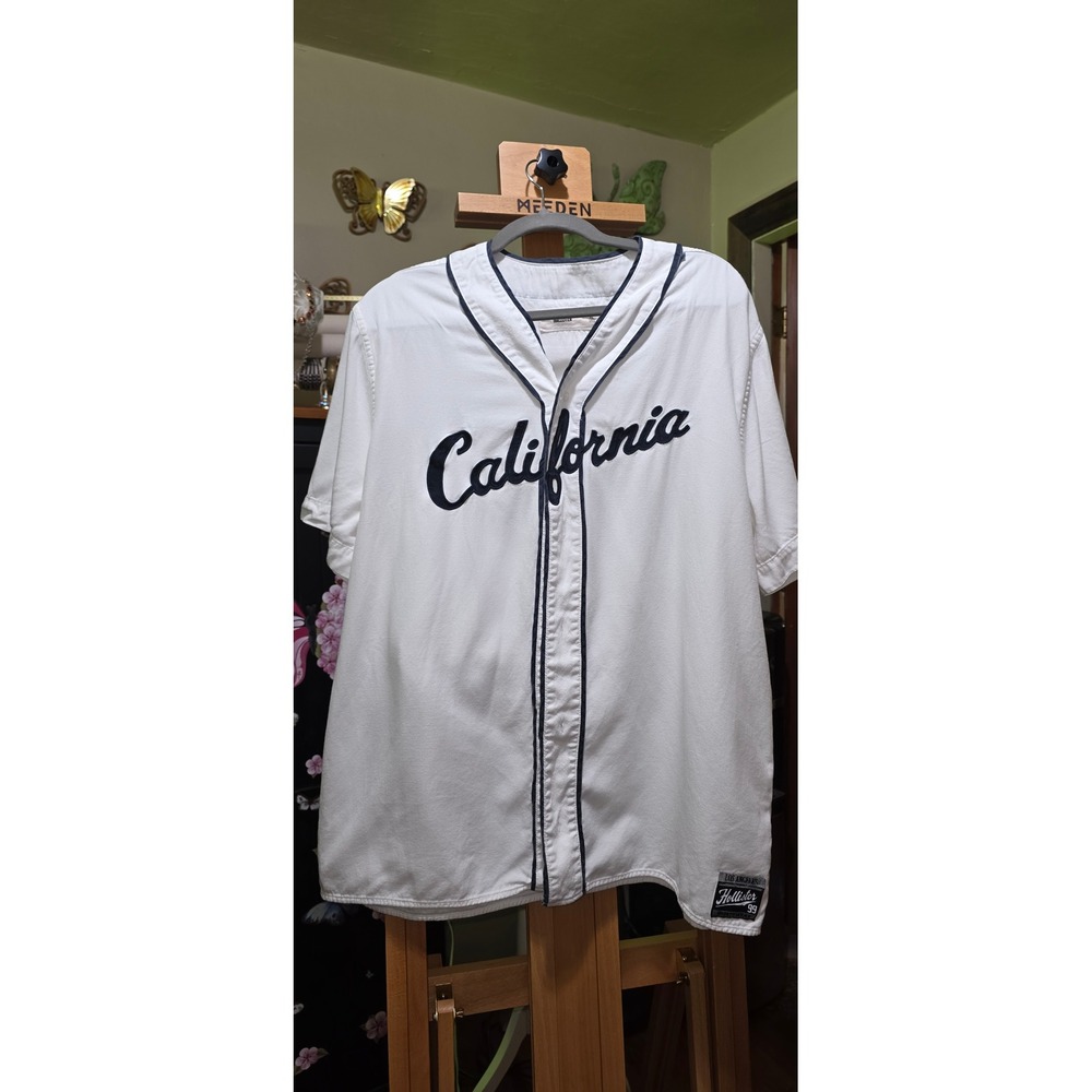Hollister California Baseball Jersey White Navy Blue Sportswear Mens XL